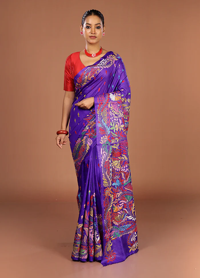 Blue Handloom Kantha Stitch Pure Silk Saree With Blouse Piece - Image 2