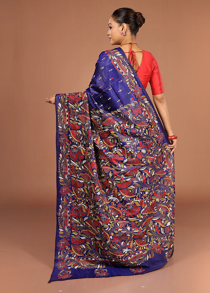 Blue Handloom Kantha Stitch Pure Silk Saree With Blouse Piece - Image 3