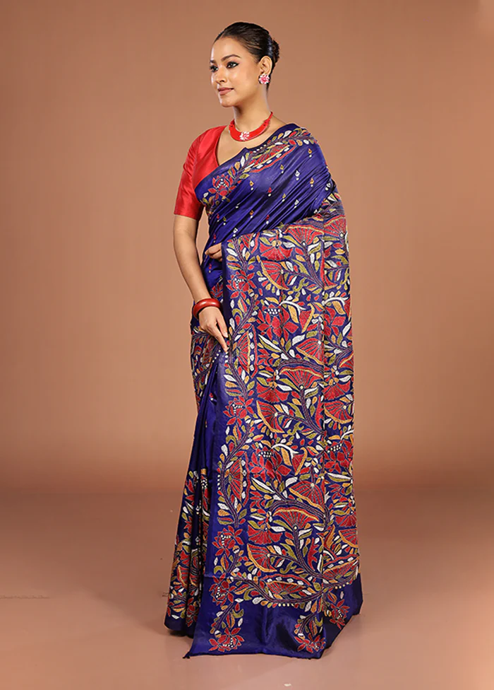Blue Handloom Kantha Stitch Pure Silk Saree With Blouse Piece - Image 4