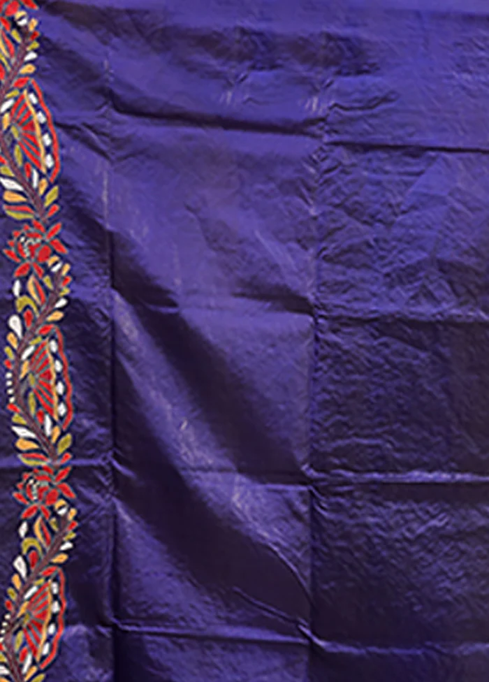 Blue Handloom Kantha Stitch Pure Silk Saree With Blouse Piece - Image 5