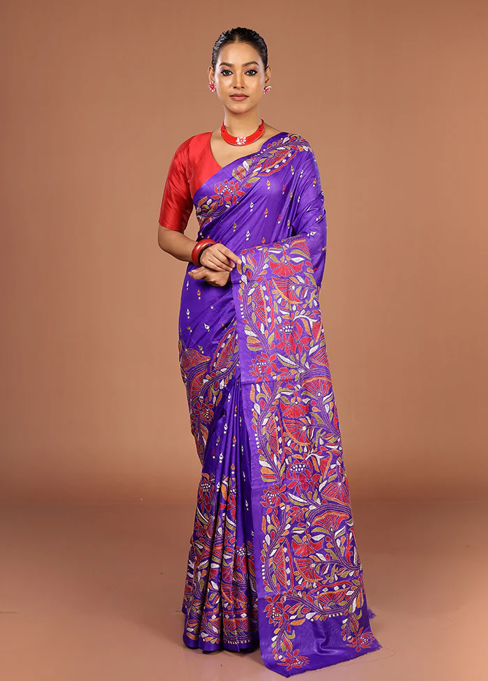 Blue Handloom Kantha Stitch Pure Silk Saree With Blouse Piece - Image 2