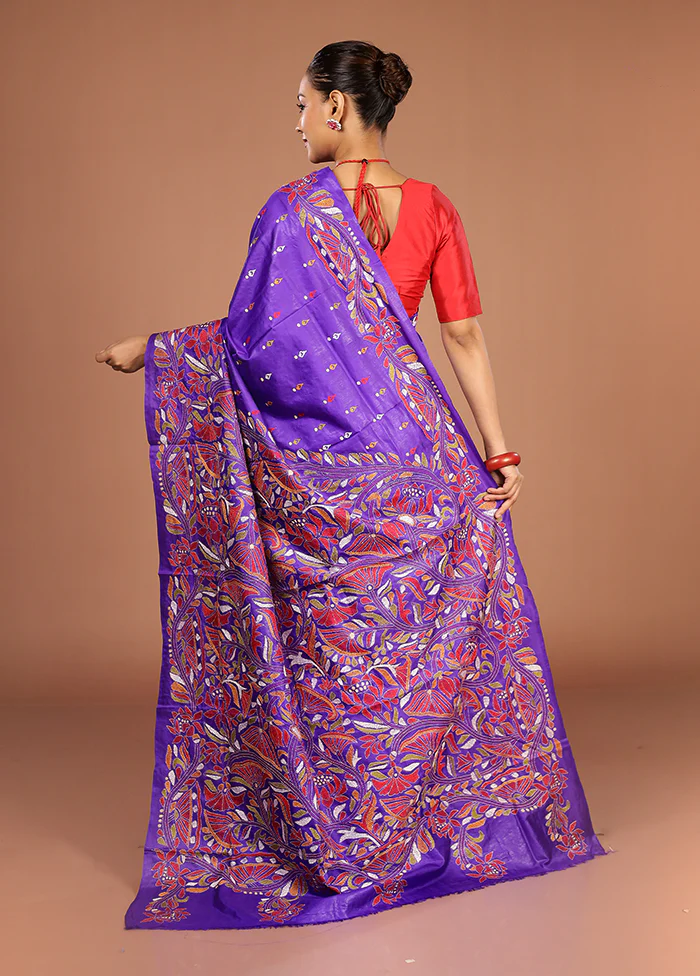 Blue Handloom Kantha Stitch Pure Silk Saree With Blouse Piece - Image 3