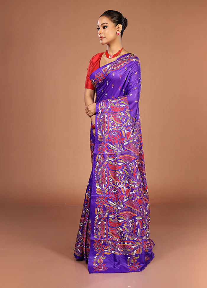 Blue Handloom Kantha Stitch Pure Silk Saree With Blouse Piece - Image 4
