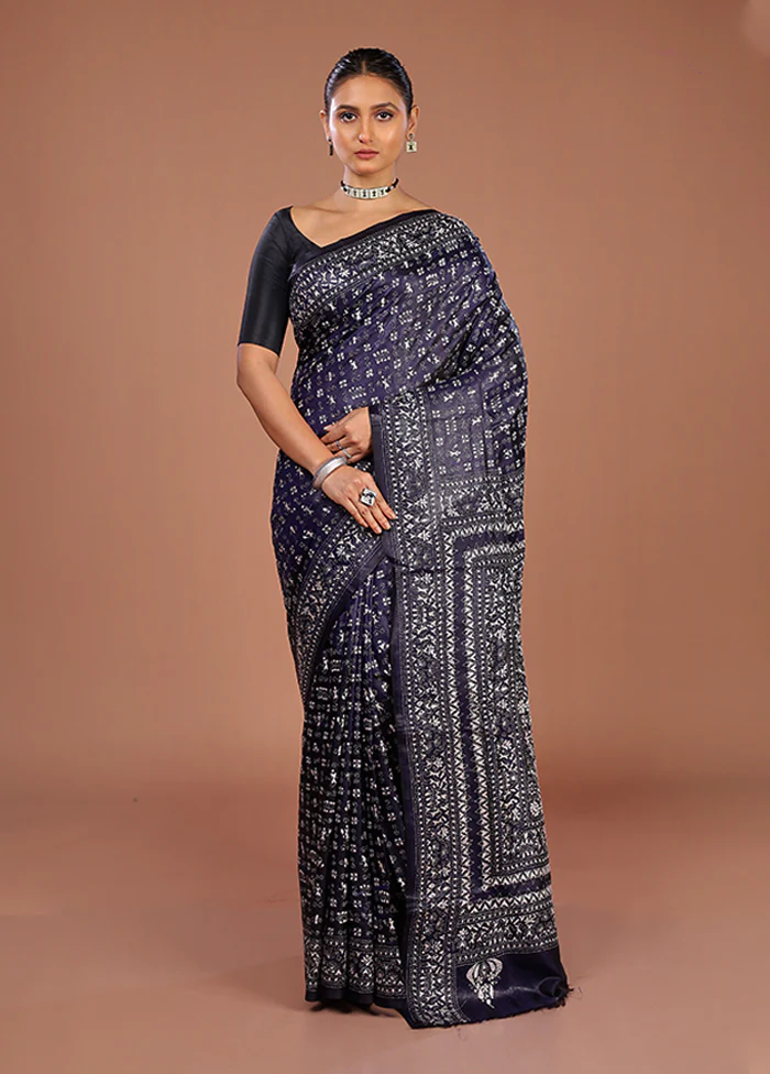 Blue Handloom Kantha Stitch Pure Silk Saree With Blouse Piece - Image 2