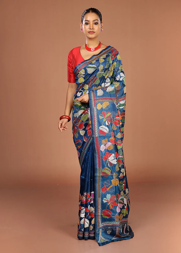 Blue Handloom Kantha Stitch Pure Silk Saree With Blouse Piece - Image 2