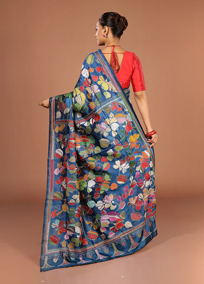 Blue Handloom Kantha Stitch Pure Silk Saree With Blouse Piece - Image 3