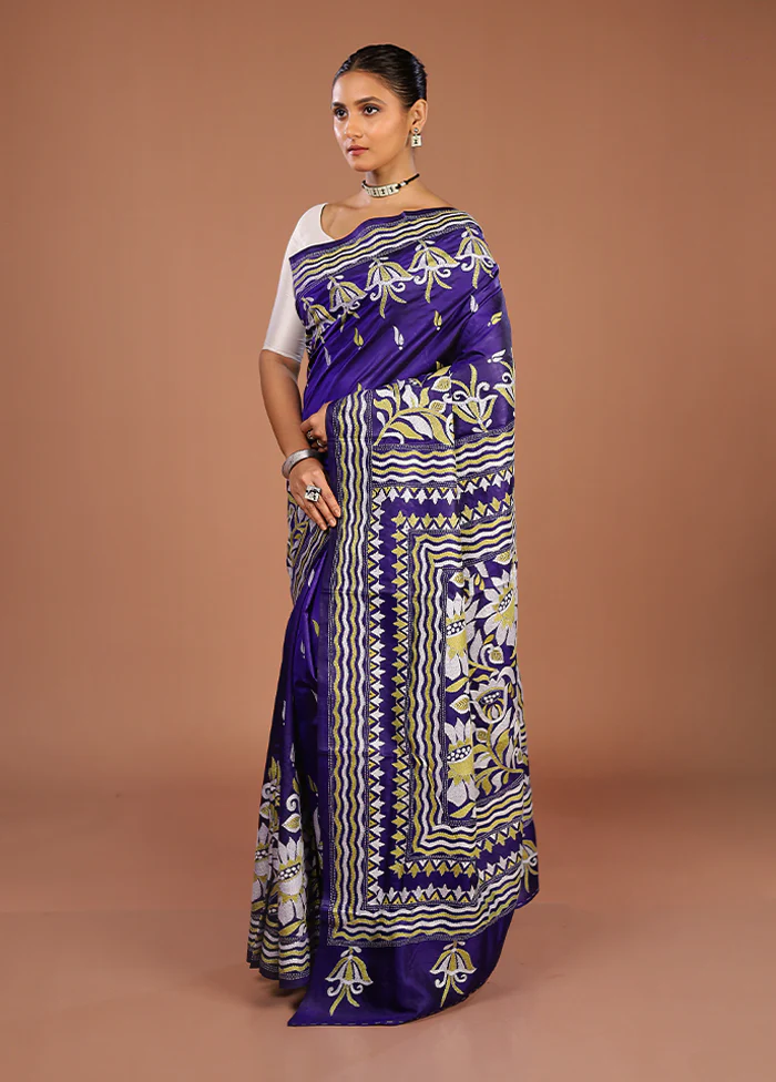 Purple Handloom Kantha Stitch Pure Silk Saree With Blouse Piece - Image 4