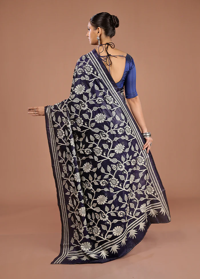 Blue Handloom Kantha Stitch Pure Silk Saree With Blouse Piece - Image 3