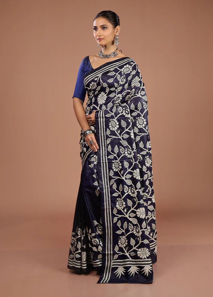 Blue Handloom Kantha Stitch Pure Silk Saree With Blouse Piece - Image 4