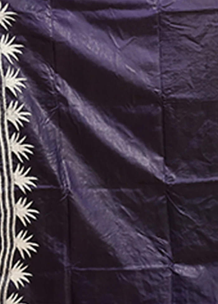 Blue Handloom Kantha Stitch Pure Silk Saree With Blouse Piece - Image 5