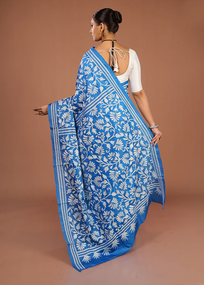 Blue Handloom Kantha Stitch Pure Silk Saree With Blouse Piece - Image 3
