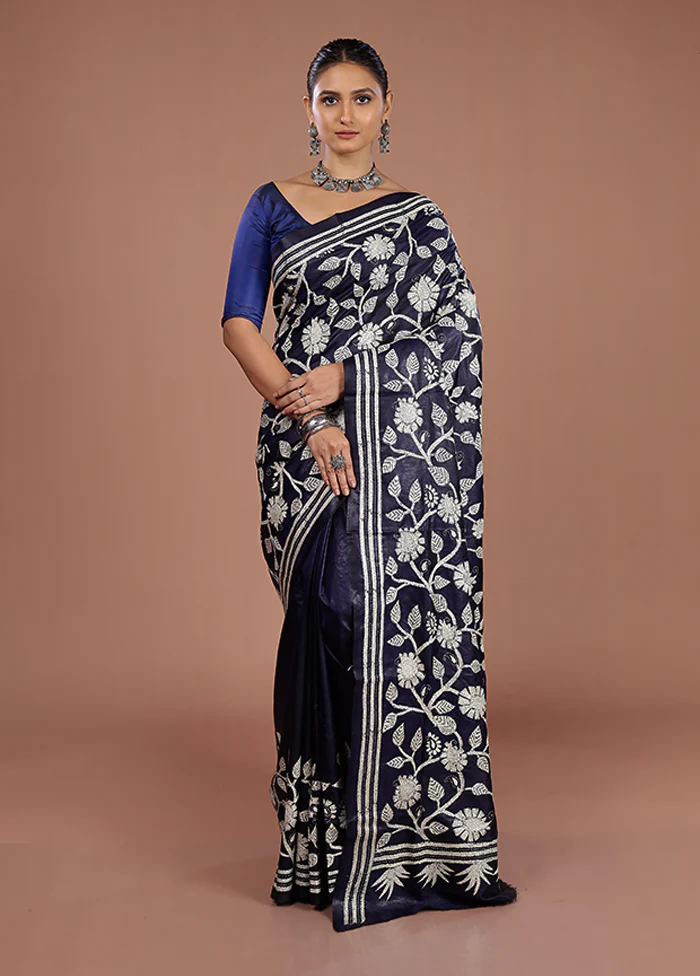 Blue Handloom Kantha Stitch Pure Silk Saree With Blouse Piece - Image 2