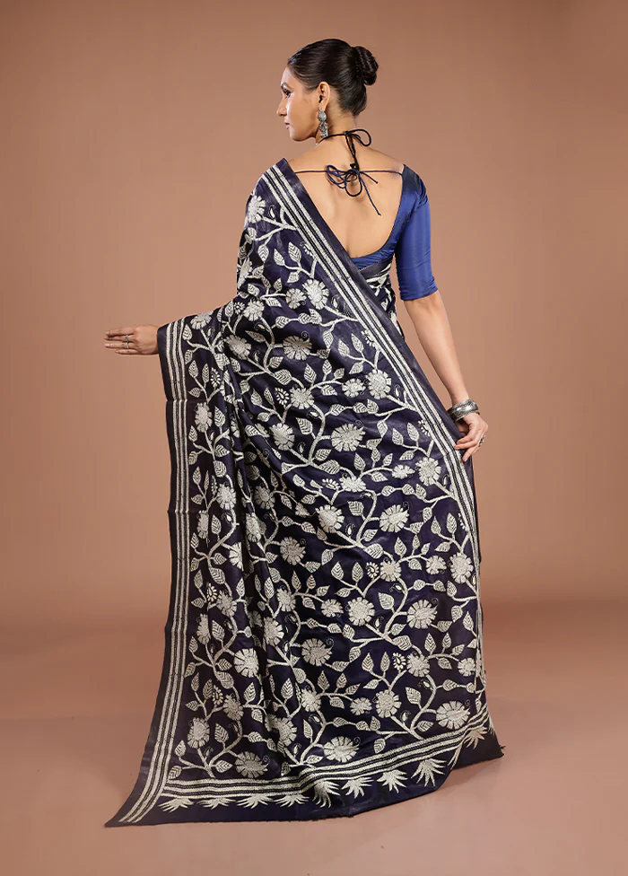 Blue Handloom Kantha Stitch Pure Silk Saree With Blouse Piece - Image 3