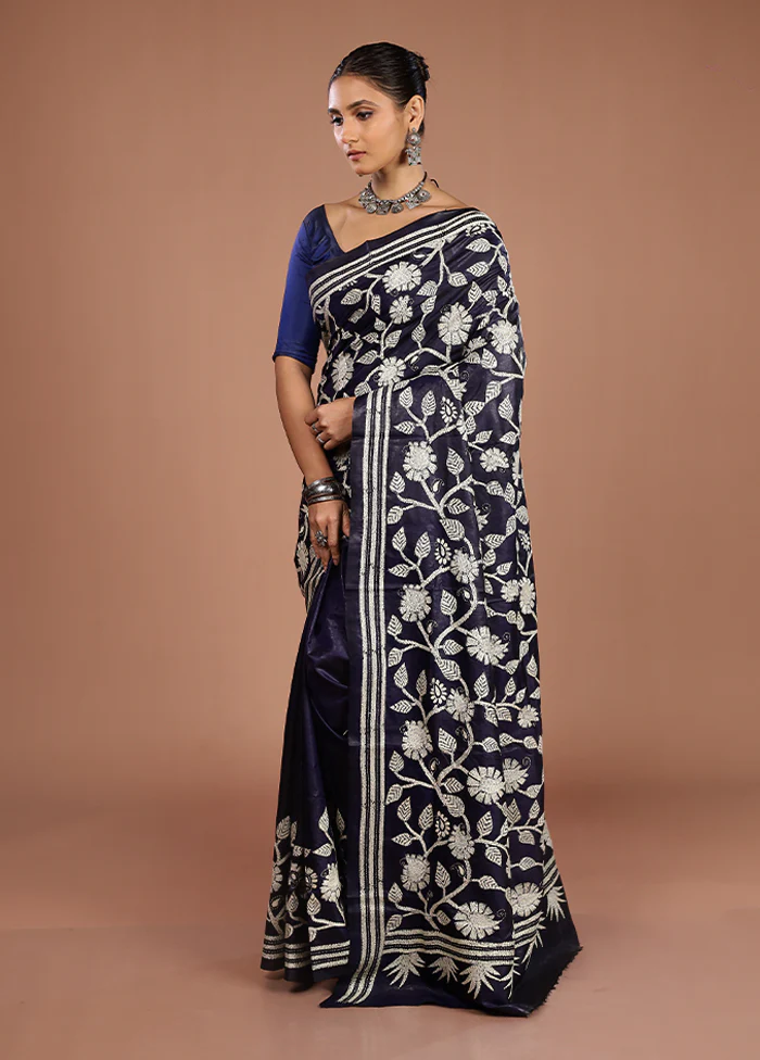 Blue Handloom Kantha Stitch Pure Silk Saree With Blouse Piece - Image 4