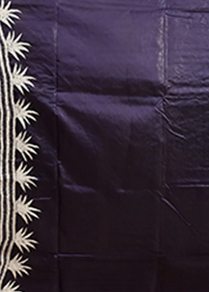 Blue Handloom Kantha Stitch Pure Silk Saree With Blouse Piece - Image 5