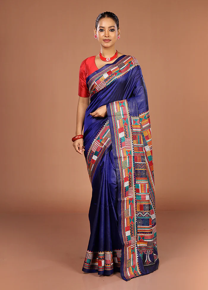Blue Handloom Kantha Stitch Pure Silk Saree With Blouse Piece - Image 2