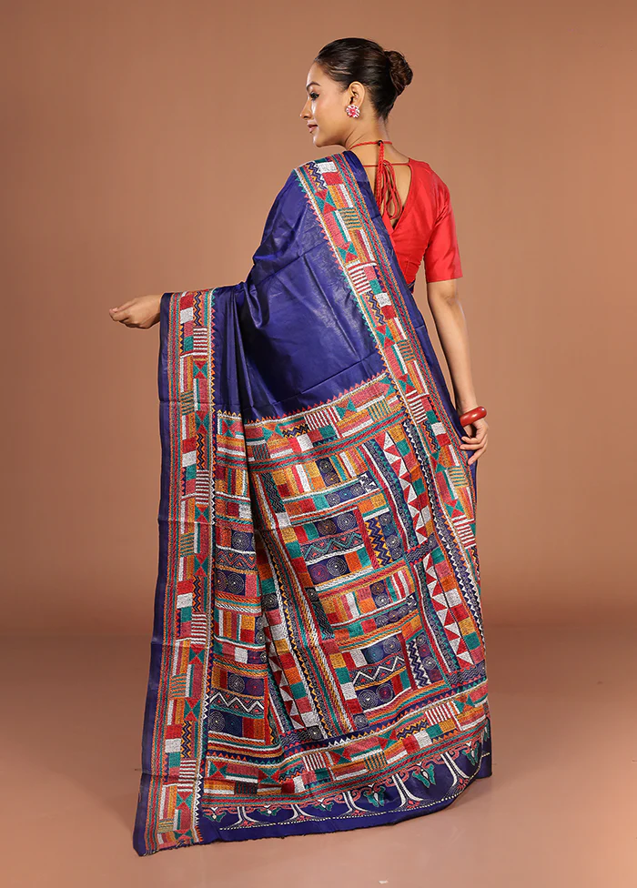 Blue Handloom Kantha Stitch Pure Silk Saree With Blouse Piece - Image 3