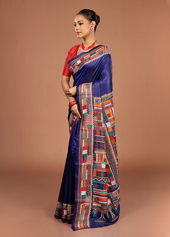 Blue Handloom Kantha Stitch Pure Silk Saree With Blouse Piece - Image 4
