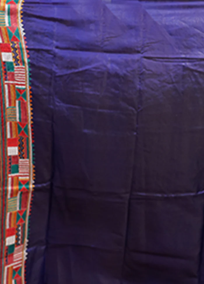 Blue Handloom Kantha Stitch Pure Silk Saree With Blouse Piece - Image 5
