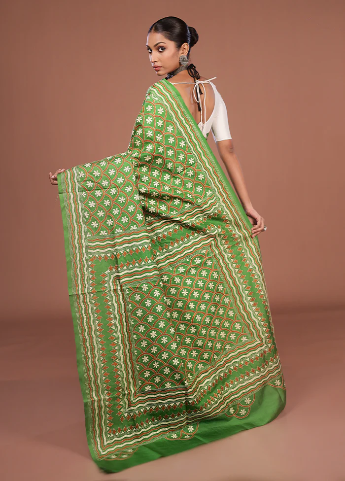 Green Handloom Kantha Stitch Pure Silk Saree With Blouse Piece - Image 3