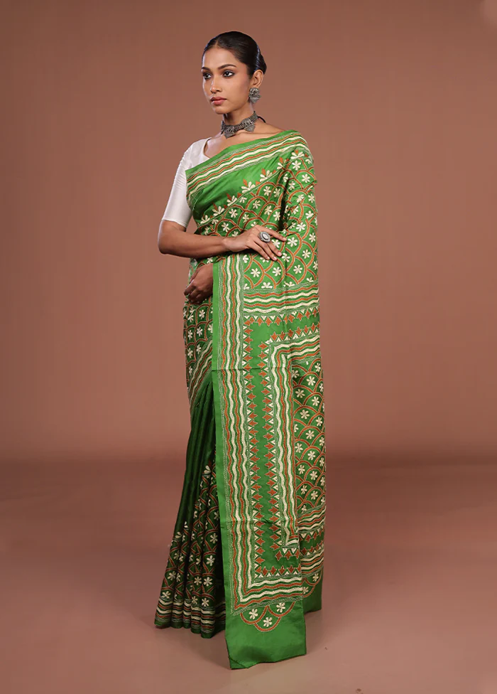 Green Handloom Kantha Stitch Pure Silk Saree With Blouse Piece - Image 4