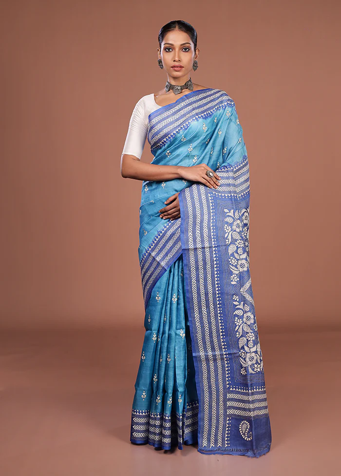 Blue Handloom Kantha Stitch Pure Silk Saree With Blouse Piece - Image 2
