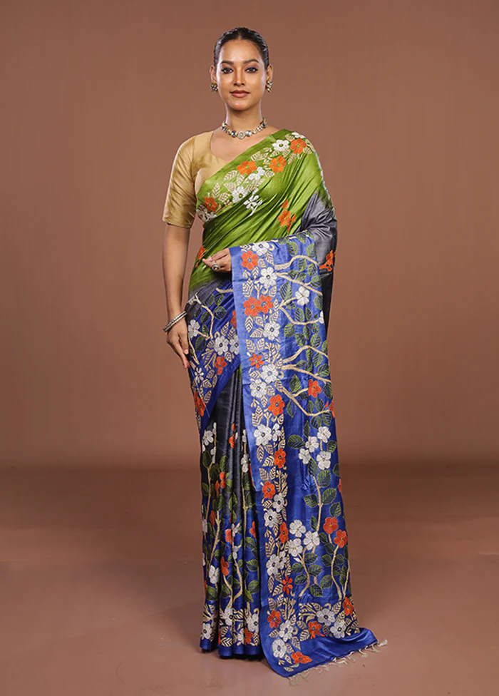 Grey Handloom Kantha Stitch Pure Silk Saree With Blouse Piece - Image 2