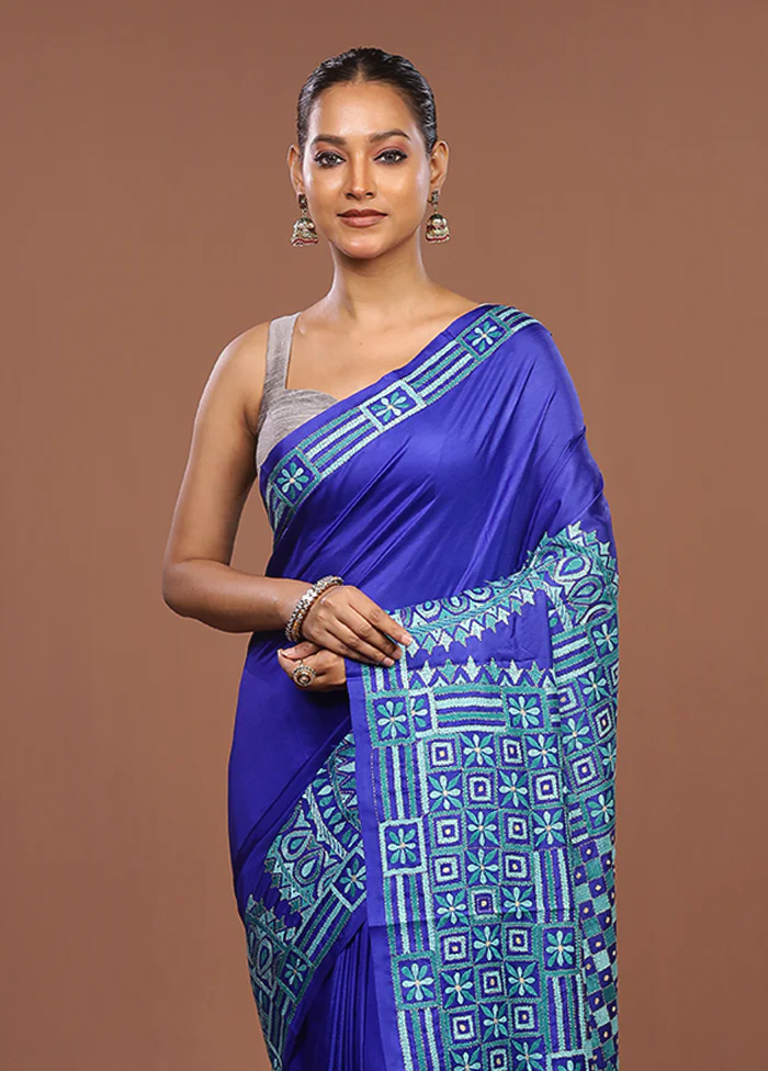 Blue Handloom Kantha Stitch Pure Silk Saree With Blouse Piece