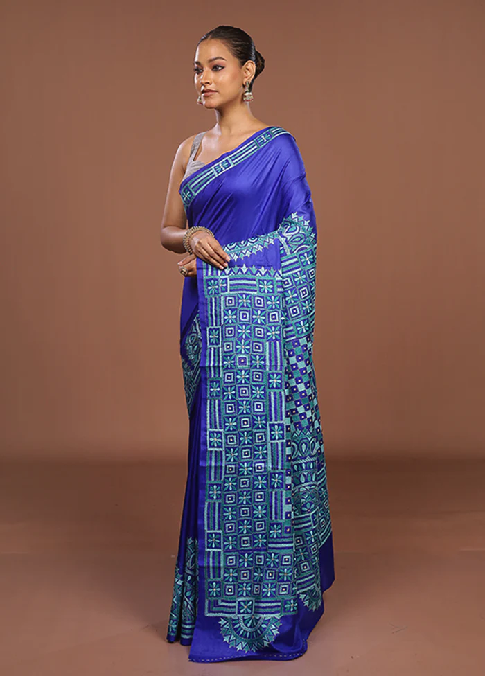 Blue Handloom Kantha Stitch Pure Silk Saree With Blouse Piece - Image 4