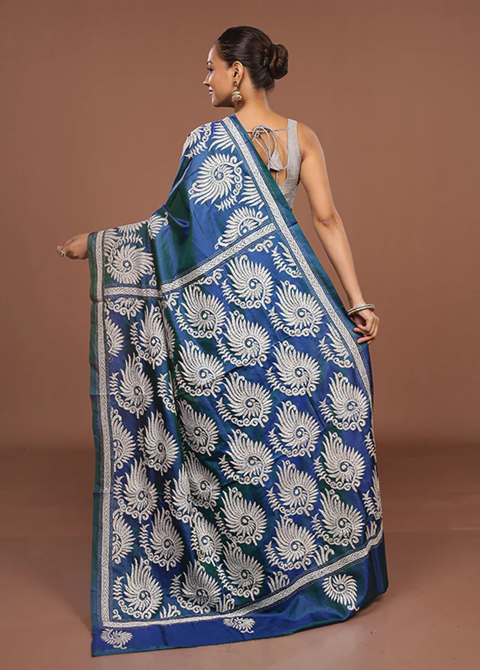 Blue Handloom Kantha Stitch Pure Silk Saree With Blouse Piece - Image 3