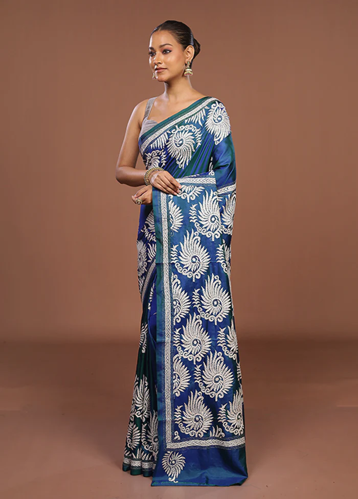 Blue Handloom Kantha Stitch Pure Silk Saree With Blouse Piece - Image 4