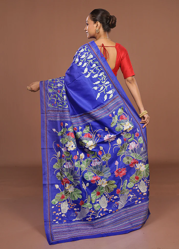 Blue Handloom Kantha Stitch Pure Silk Saree With Blouse Piece - Image 3