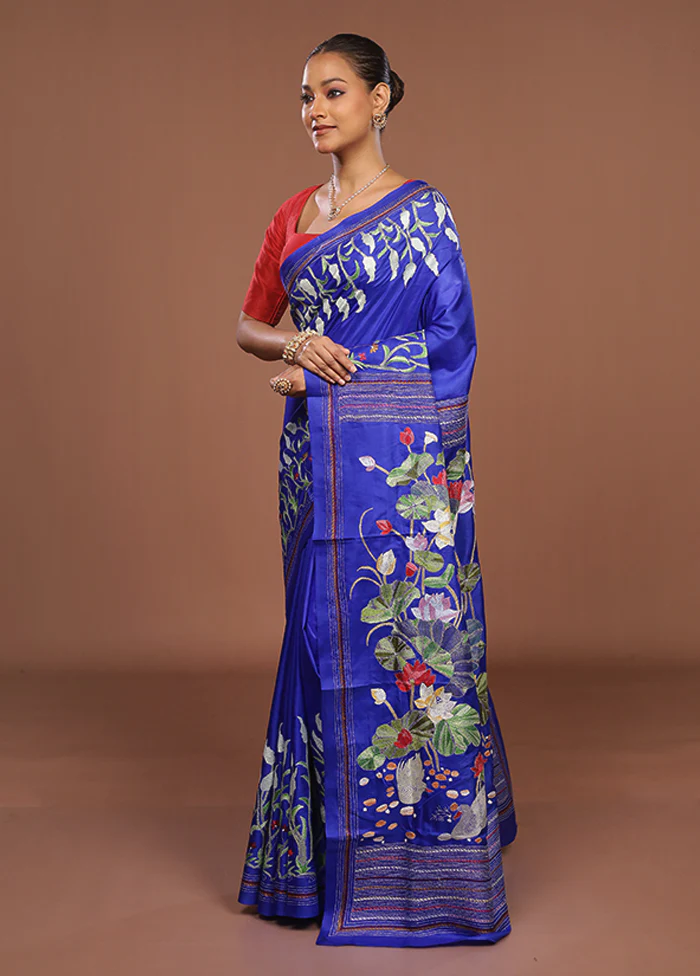 Blue Handloom Kantha Stitch Pure Silk Saree With Blouse Piece - Image 4