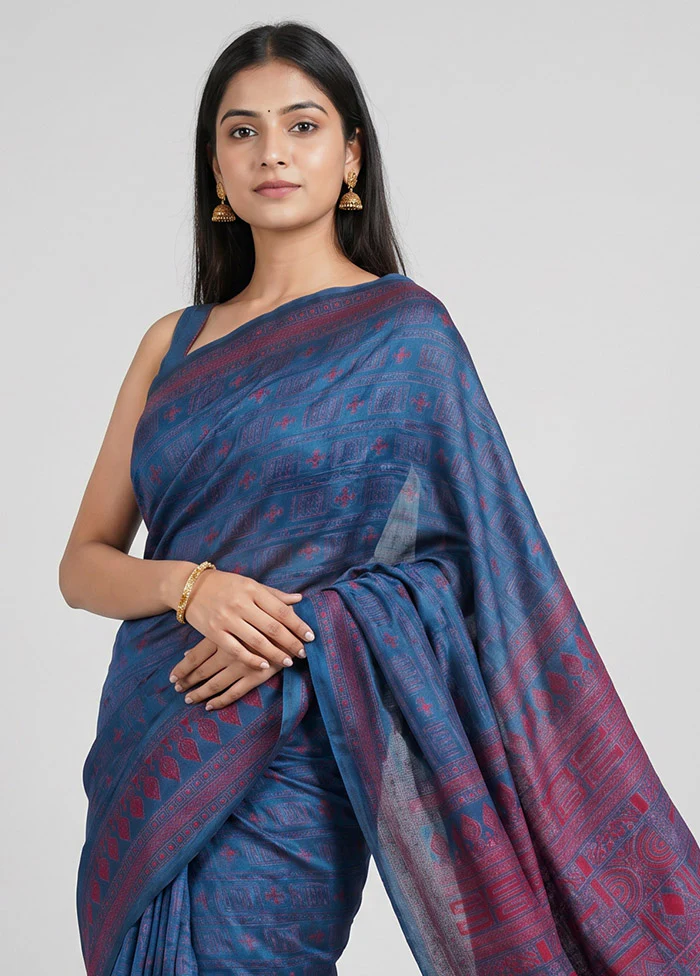 Blue Handloom Kantha Stitch Pure Silk Saree With Blouse Piece - Image 2