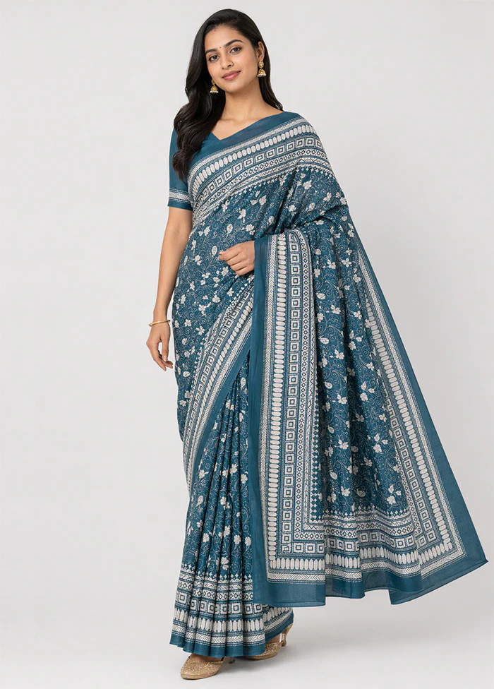 Blue Handloom Kantha Stitch Pure Silk Saree With Blouse Piece