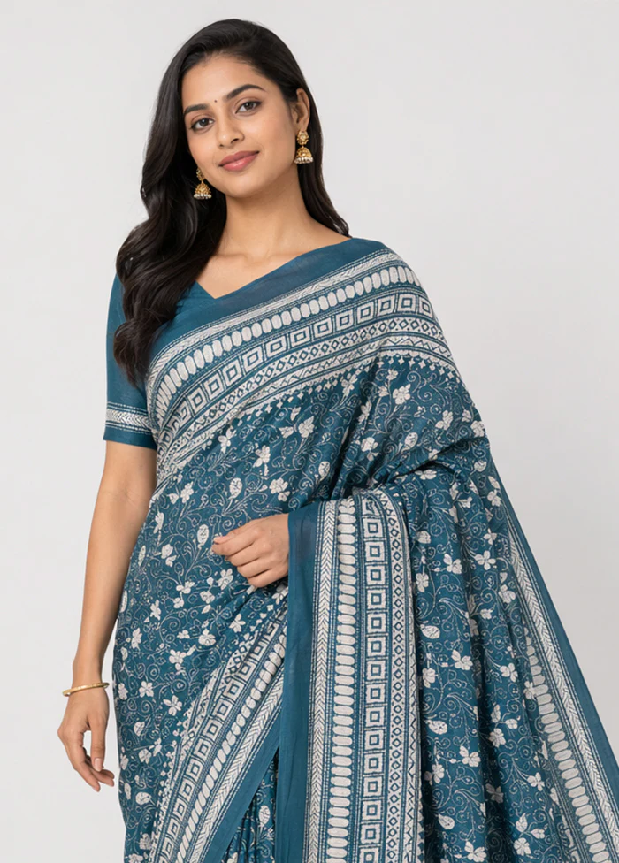 Blue Handloom Kantha Stitch Pure Silk Saree With Blouse Piece - Image 2
