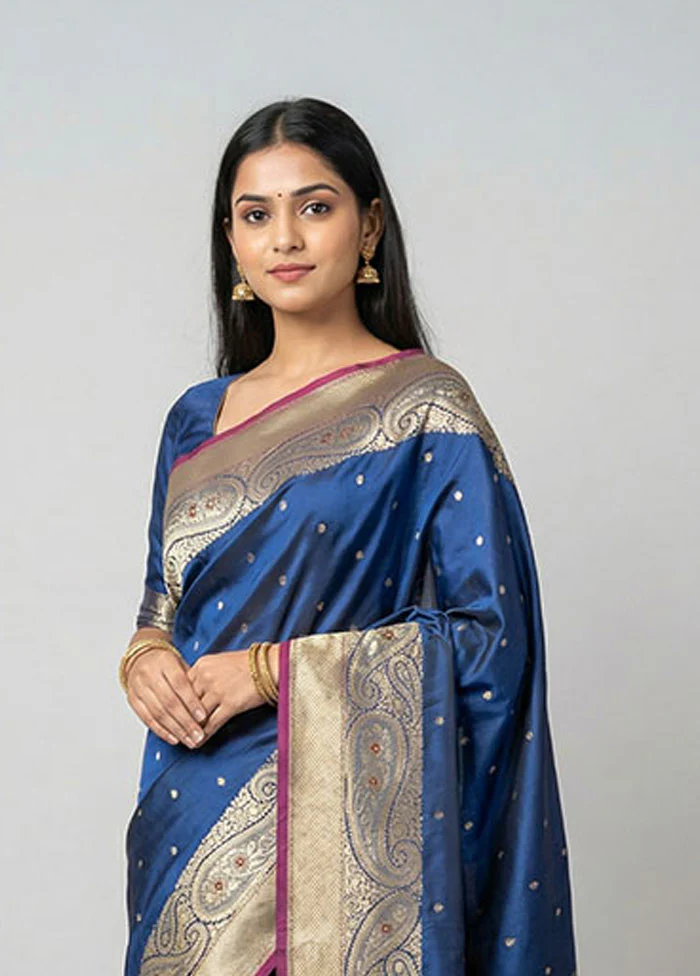 Blue Handloom Katan Pure Silk Saree With Blouse Piece - Image 2