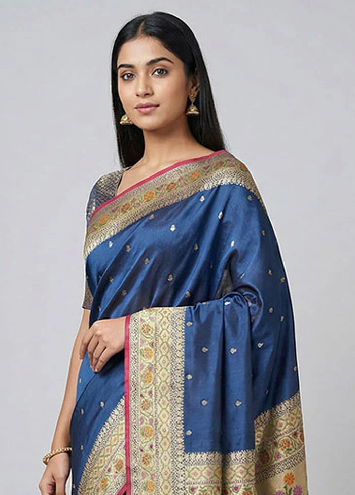 Blue Handloom Katan Pure Silk Saree With Blouse Piece - Image 2
