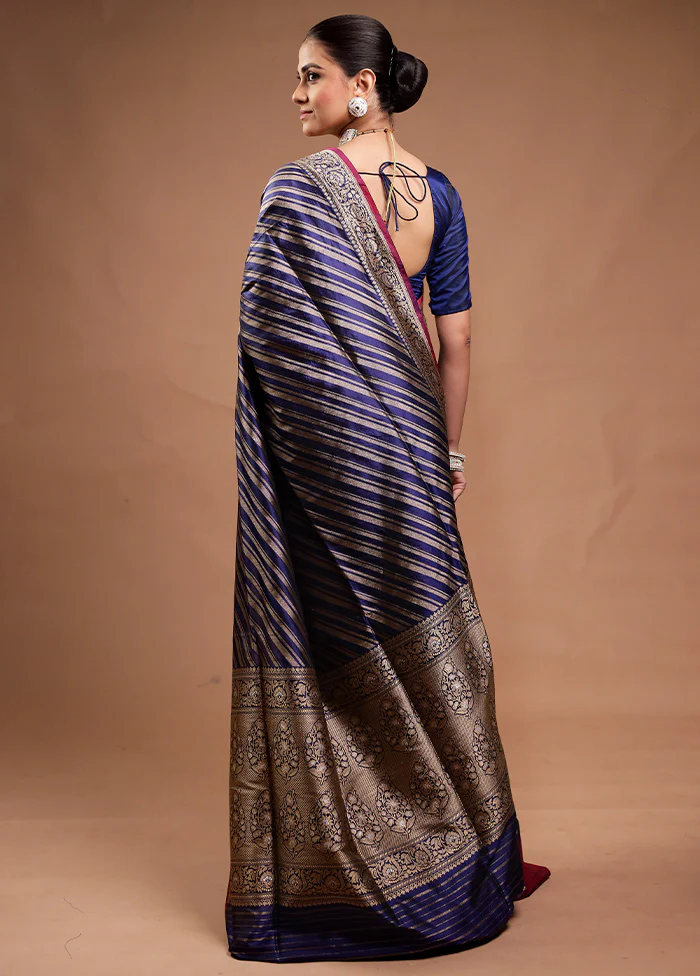 Blue Handloom Katan Pure Silk Saree With Blouse Piece - Image 3