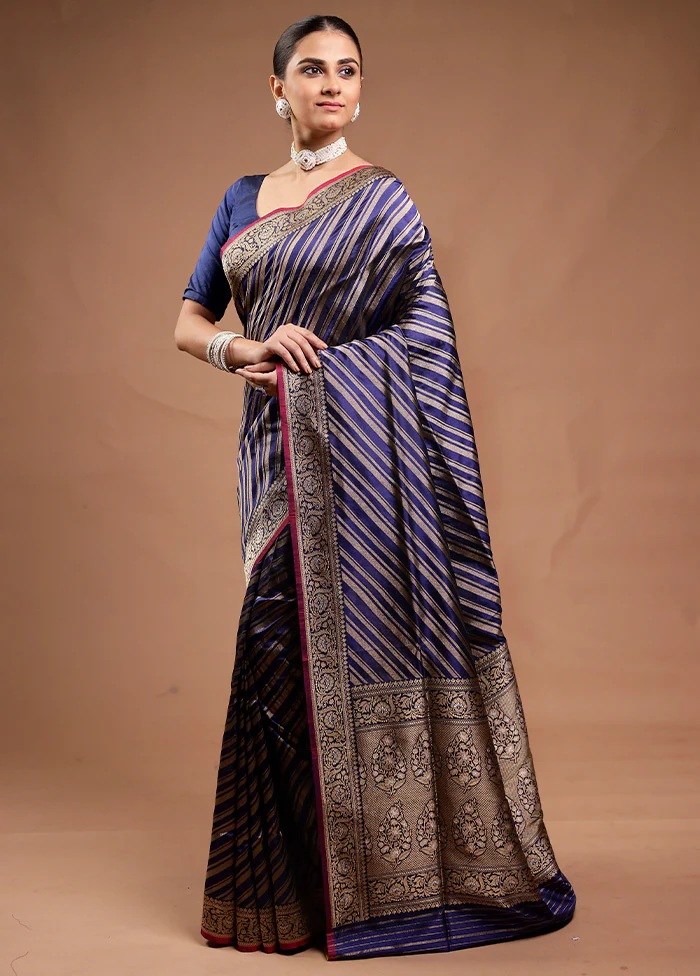 Blue Handloom Katan Pure Silk Saree With Blouse Piece - Image 4
