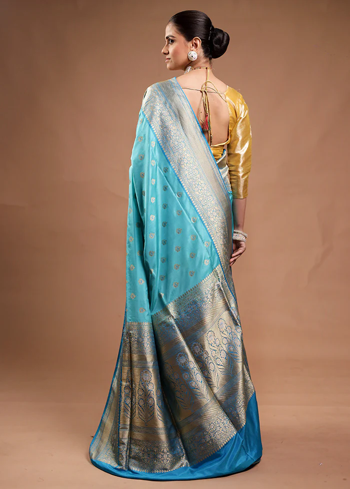 Blue Handloom Katan Pure Silk Saree With Blouse Piece - Image 3