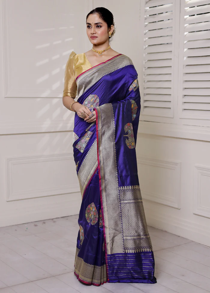 Blue Handloom Katan Pure Silk Saree With Blouse Piece - Image 2