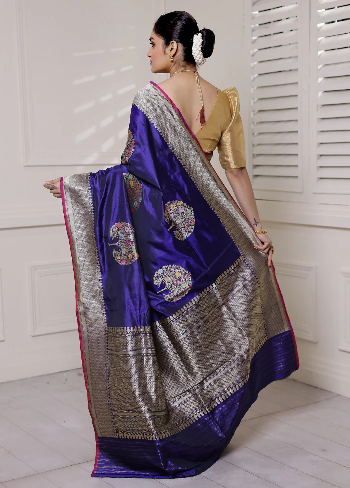 Blue Handloom Katan Pure Silk Saree With Blouse Piece - Image 3