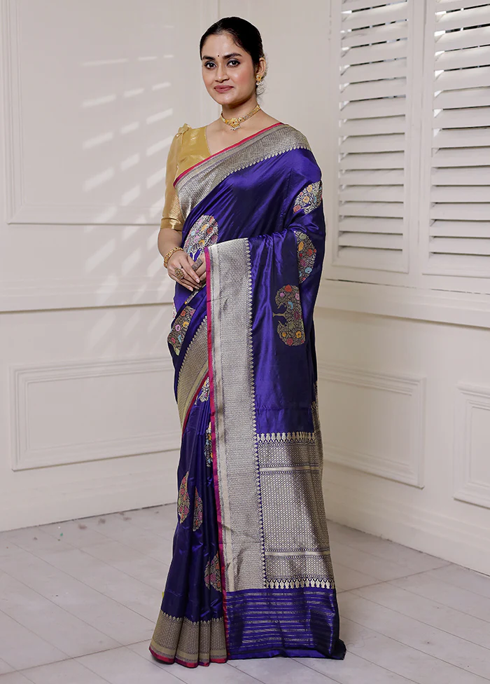 Blue Handloom Katan Pure Silk Saree With Blouse Piece - Image 4