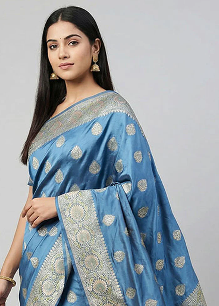 Blue Handloom Katan Pure Silk Saree With Blouse Piece - Image 2