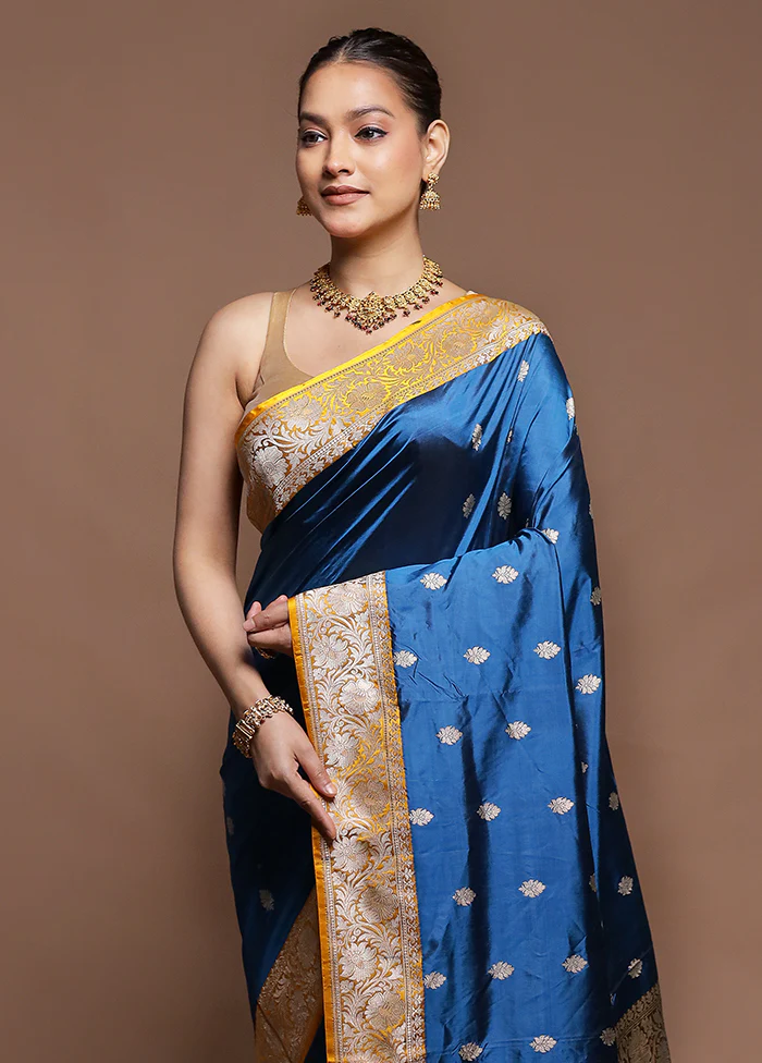 Blue Handloom Katan Pure Silk Saree With Blouse Piece - Image 2