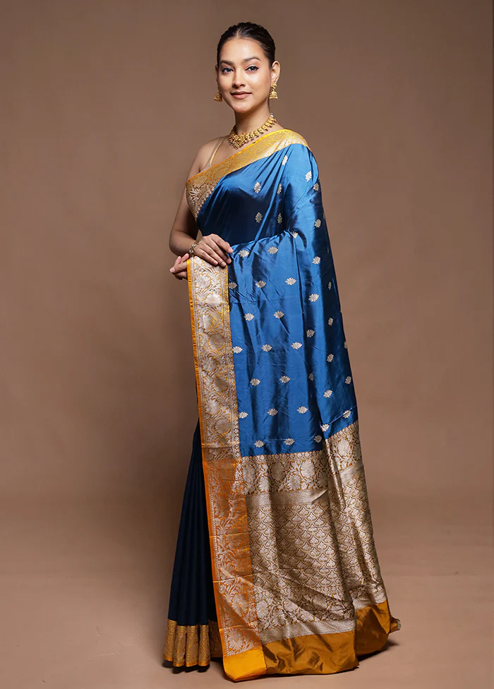 Blue Handloom Katan Pure Silk Saree With Blouse Piece - Image 4