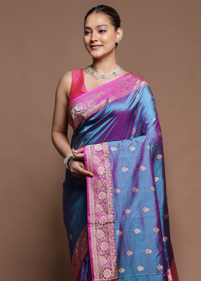 Blue Handloom Katan Pure Silk Saree With Blouse Piece - Image 2