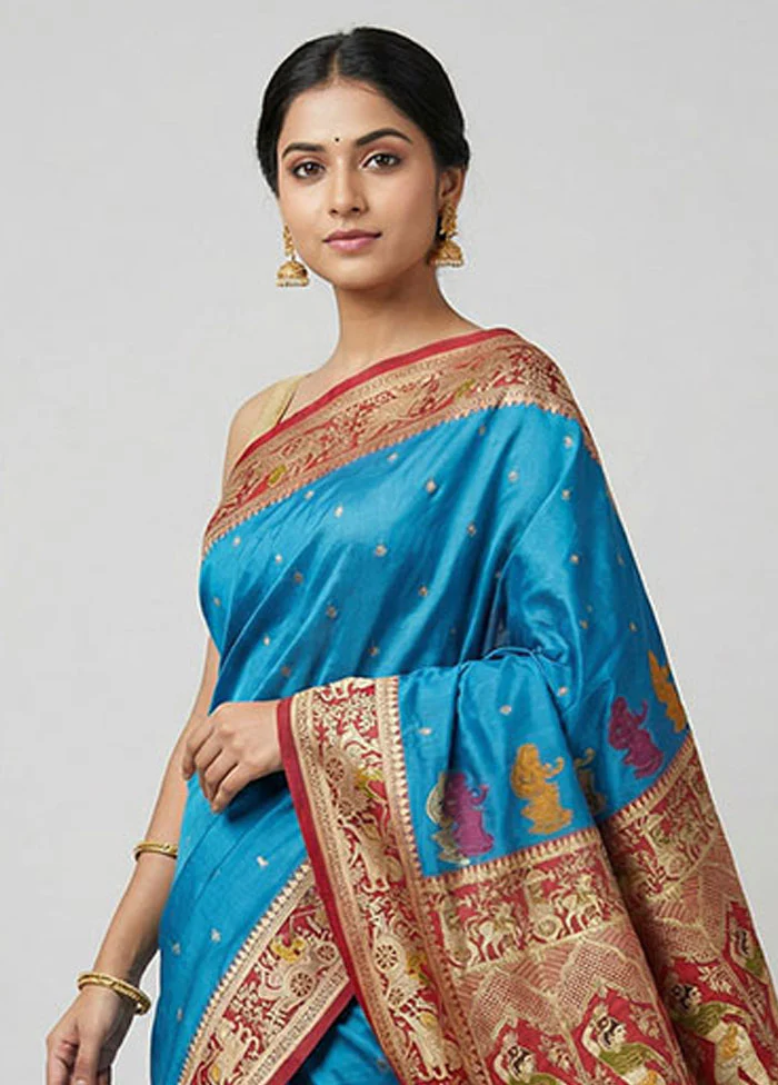 Blue Handloom Katan Pure Silk Saree With Blouse Piece - Image 2