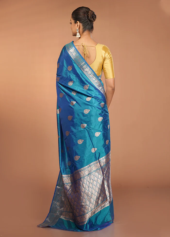 Blue Handloom Katan Pure Silk Saree With Blouse Piece - Image 3